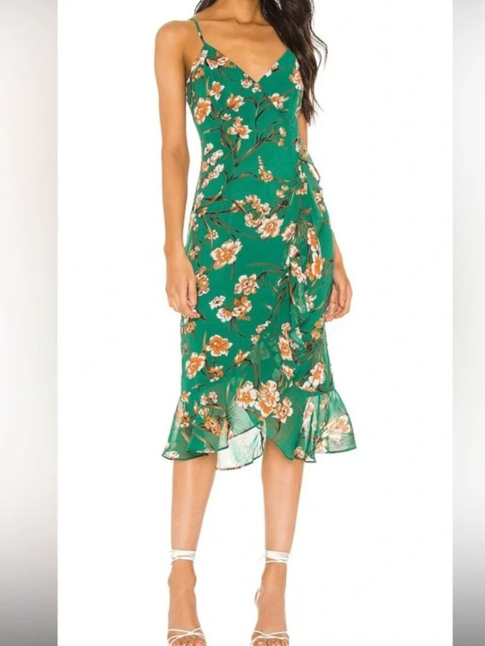 Revolve Bardot Malika Slip midi faux wrap Dress, Small/6, Green & Orange floral
